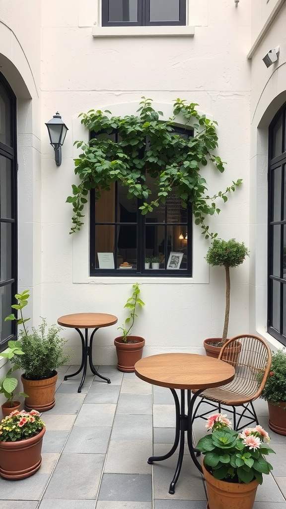 A cozy bistro corner featuring two wooden tables, a rattan chair, and various potted plants, surrounded by a charming wall.