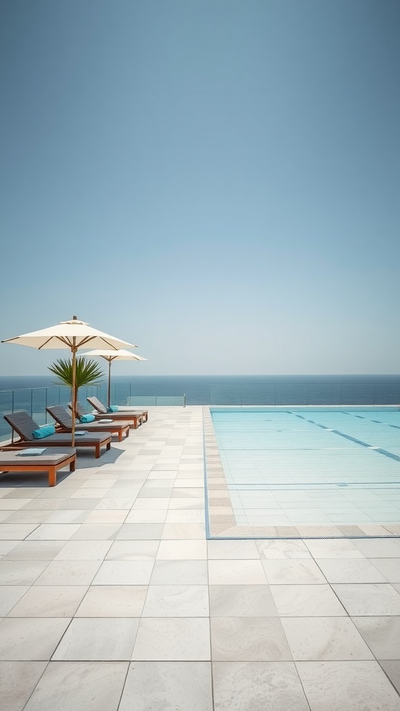 Stylish poolside area with loungers and an umbrella overlooking the ocean.