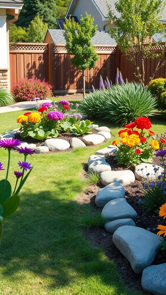 A beautifully landscaped garden with colorful flowers bordered by smooth stones.