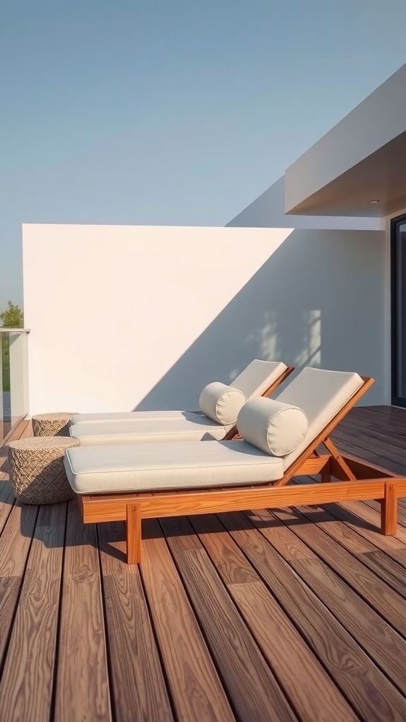 A cozy outdoor space featuring stylish wooden loungers with light-colored cushions on a wooden deck.