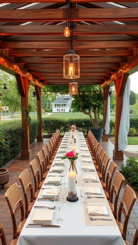 A stylish pergola dining area with a long table set for a gathering, surrounded by greenery and soft lighting.