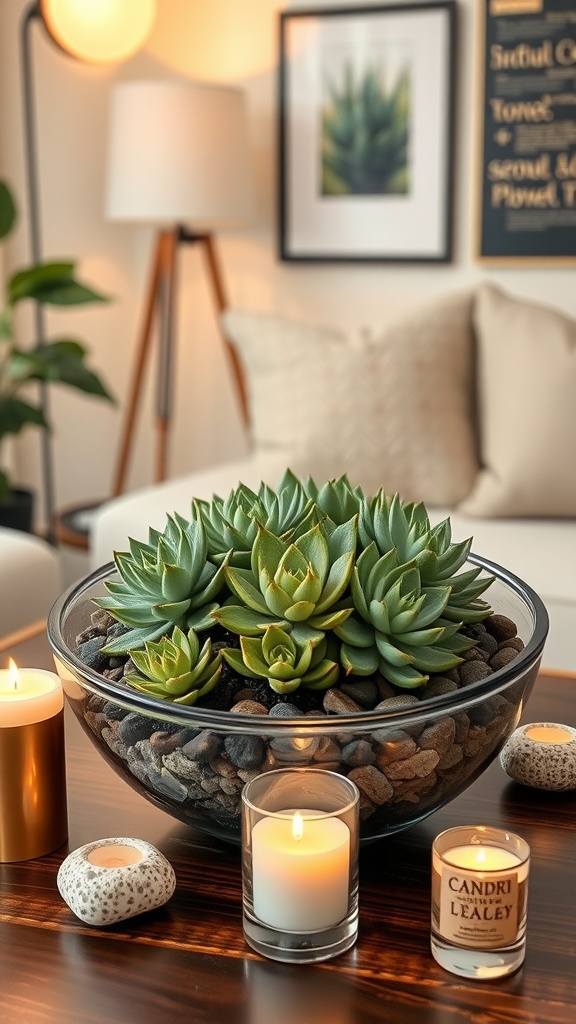 A beautifully arranged succulent terrarium centerpiece surrounded by candles.