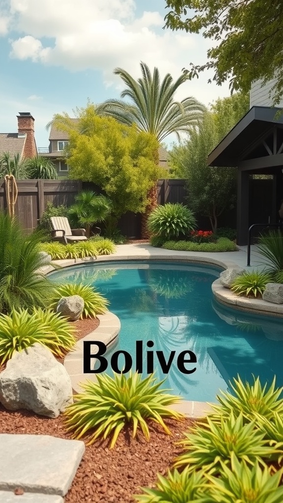 A serene poolside landscape featuring native plants, rocks, and palm trees.