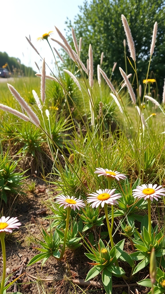 Colorful native plants in a sunny garden setting.