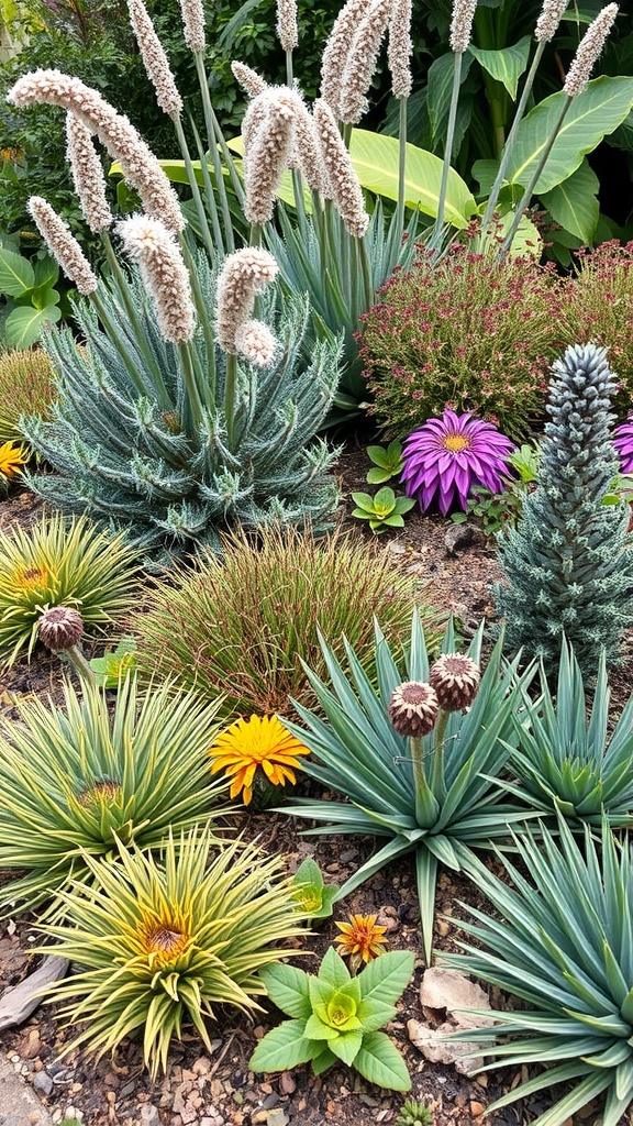 A diverse garden featuring various native plants with colorful flowers and textures.