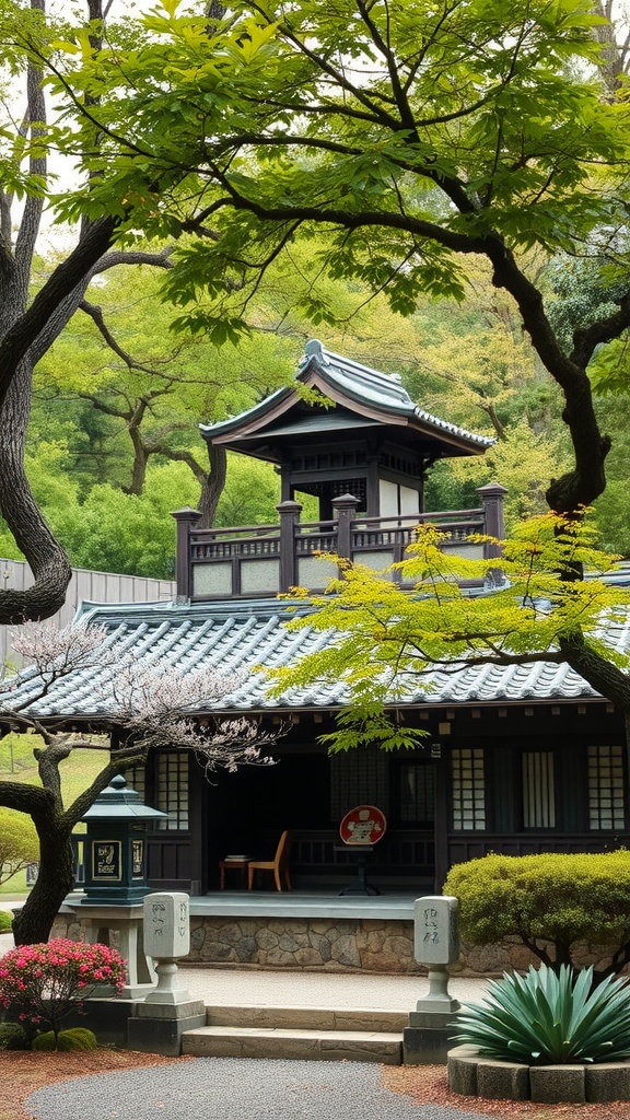 A traditional Japanese tea house amidst vibrant green trees and blooming flowers.