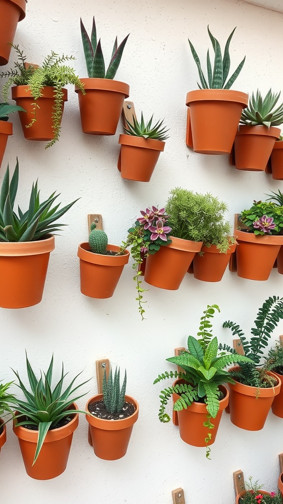 A wall display of various succulents and plants in terracotta pots.