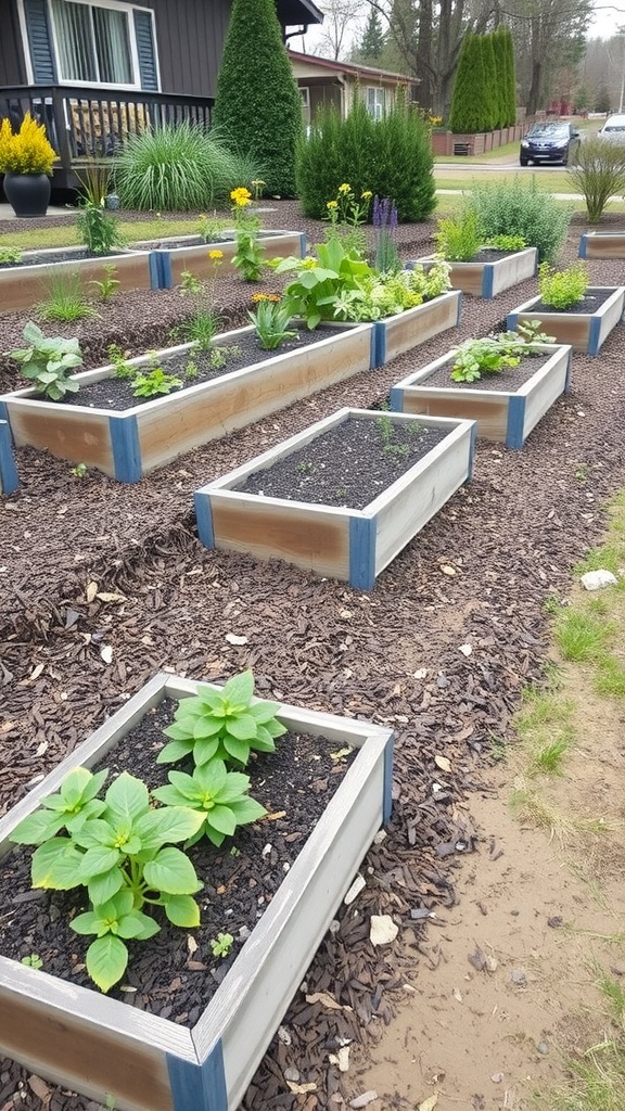 An organized tiered raised garden bed with various plants and herbs