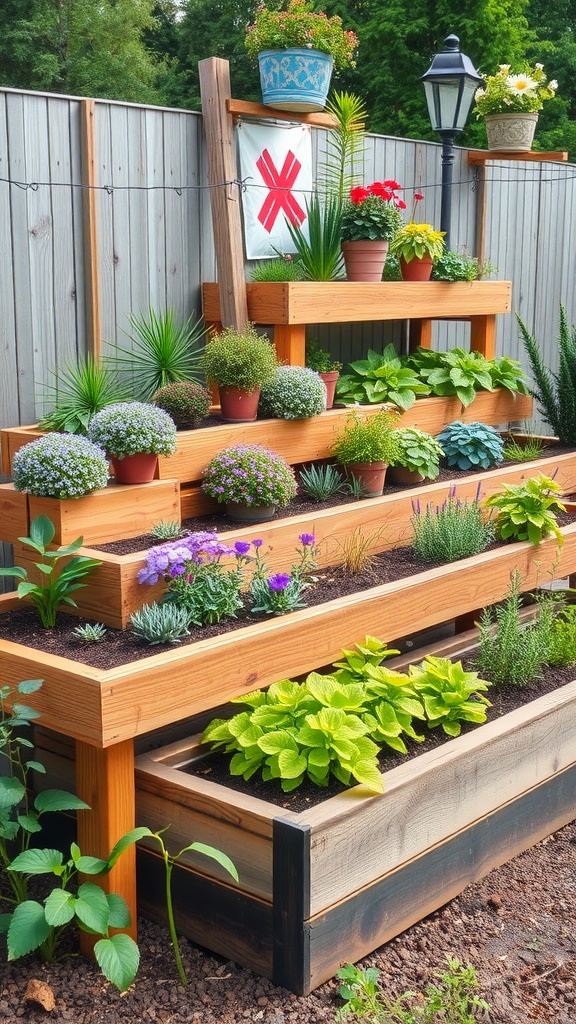 A tiered wooden garden bed filled with plants, showcasing multiple levels of greenery.