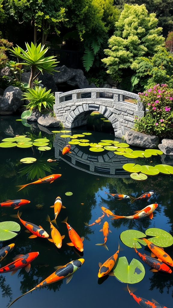 A traditional koi pond with colorful koi fish, lily pads, and a stone bridge surrounded by lush greenery.