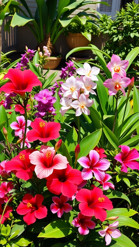 A vibrant tropical flower bed featuring hibiscus and orchids in various colors.