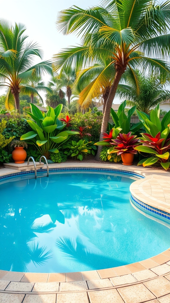 A beautiful pool surrounded by tropical plants and palm trees.