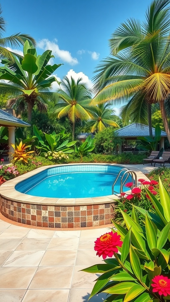 A vibrant backyard featuring an above-ground pool surrounded by tropical plants and colorful flowers, creating a serene oasis.