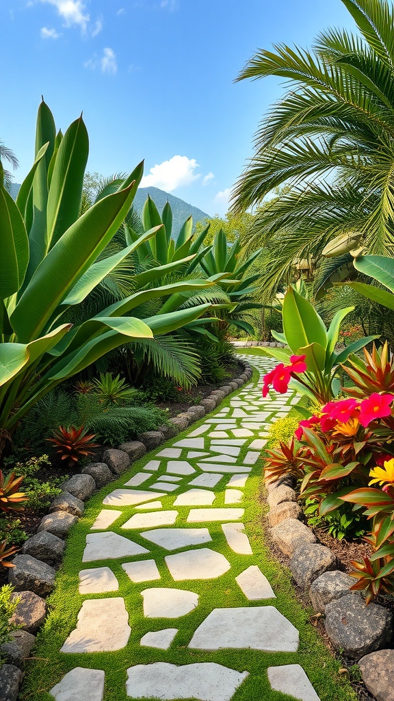 A beautiful tropical pathway surrounded by lush green plants and colorful flowers.