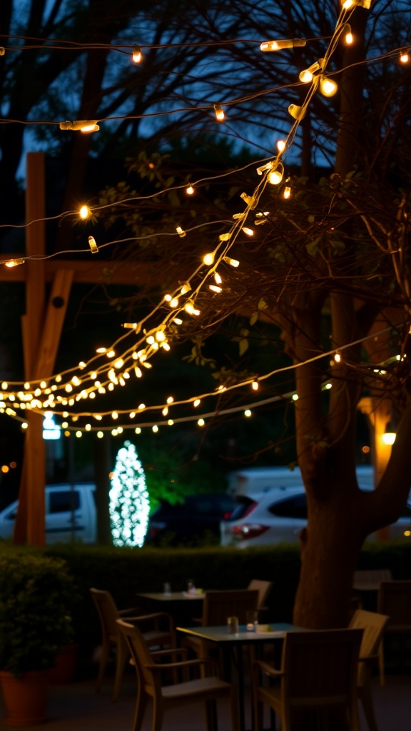 A cozy outdoor space illuminated by twinkling string lights, creating a warm and inviting atmosphere.