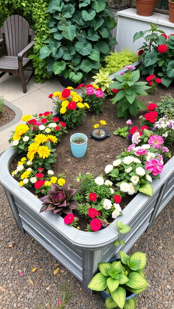 A U-shaped raised garden bed filled with colorful flowers and a small central plant.