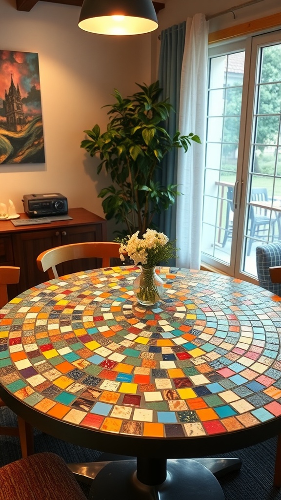 A colorful mosaic tabletop with a spiral pattern, surrounded by chairs and a vase of flowers.