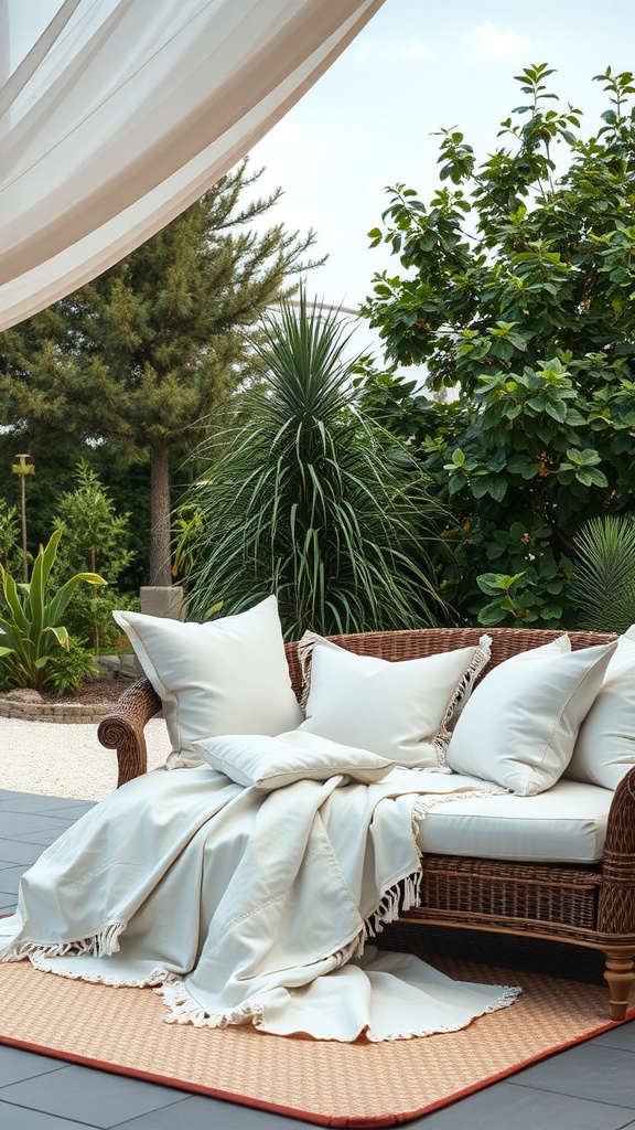 A cozy outdoor daybed with white cushions and a soft throw blanket, surrounded by greenery.