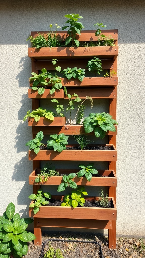 A vertical garden bed with multiple wooden shelves filled with various plants, showcasing an efficient use of space.