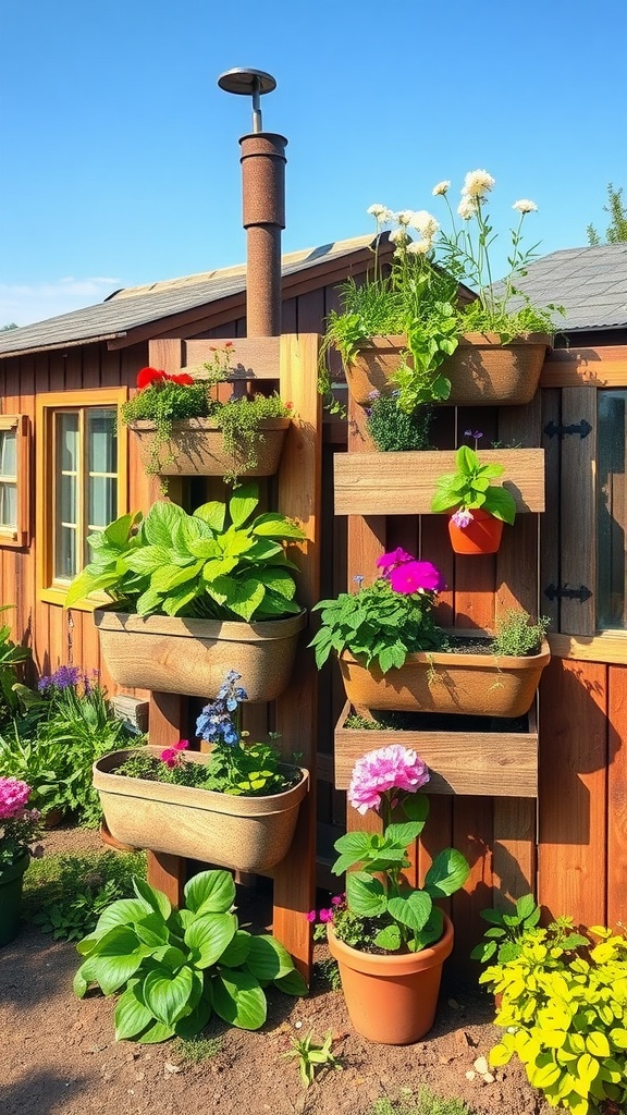 A vertical garden setup with various plants, adjacent to a chicken coop.