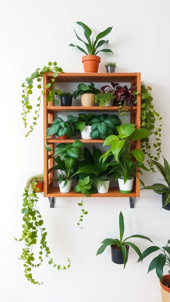 A wooden shelf filled with various indoor plants, showcasing a vertical garden setup.