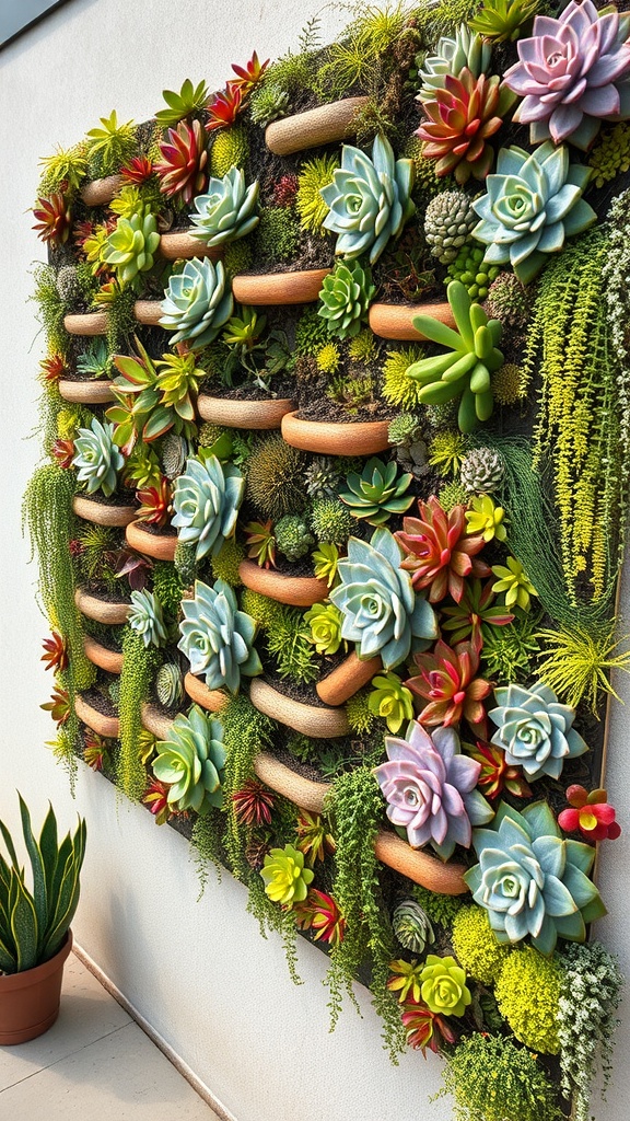 A vertical garden displaying an array of colorful succulents and greenery.