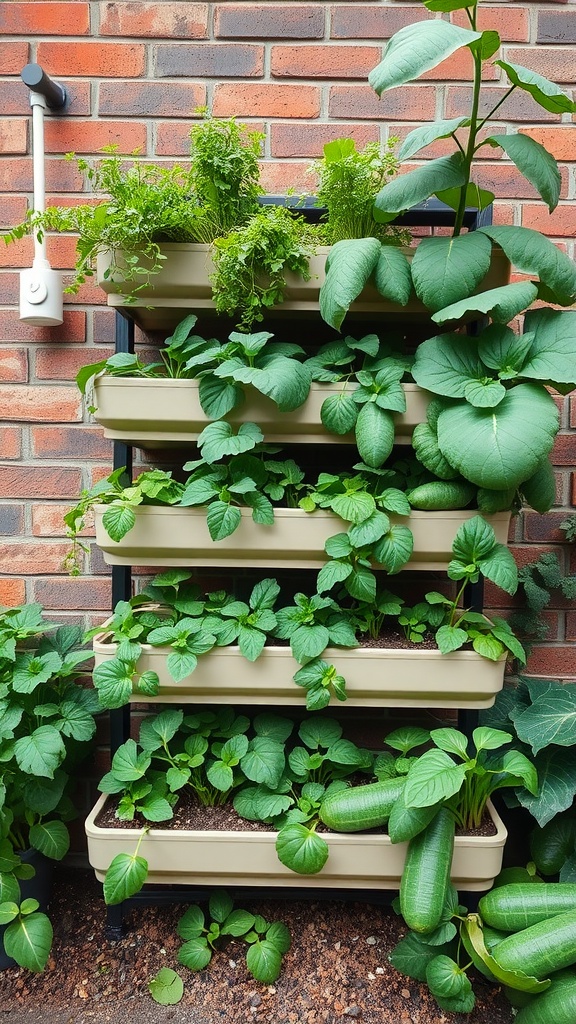 Vertical gardening setup with multiple stacked planters, showing healthy green vegetables and herbs against a brick wall.