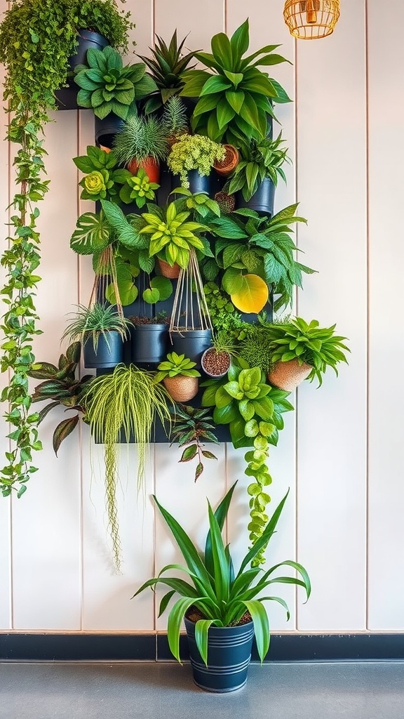 A vibrant vertical garden filled with various plants in pots.