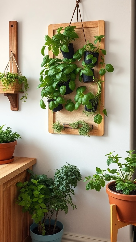 A vertical herb garden featuring various herbs in wall-mounted pots, alongside potted plants on a wooden surface.