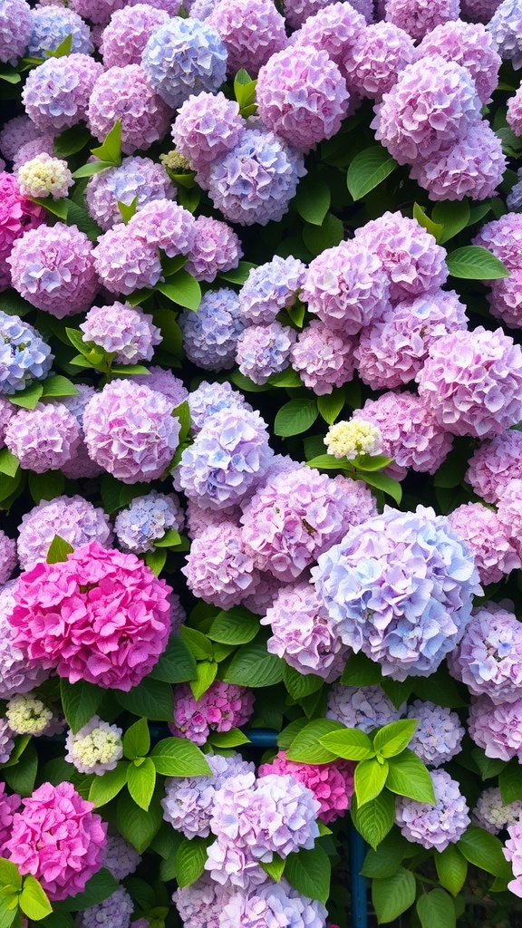 A wall covered with vibrant hydrangea flowers in varying shades of pink and blue.