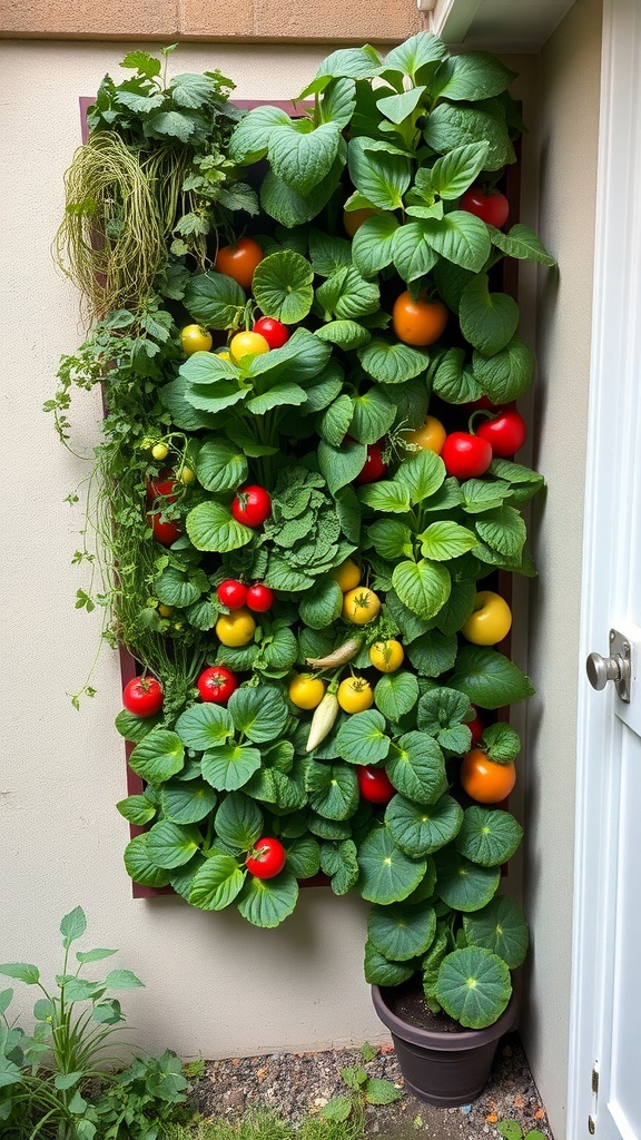 A vertical wall planter filled with various vegetables like tomatoes and peppers, showcasing lush green leaves and vibrant colors.