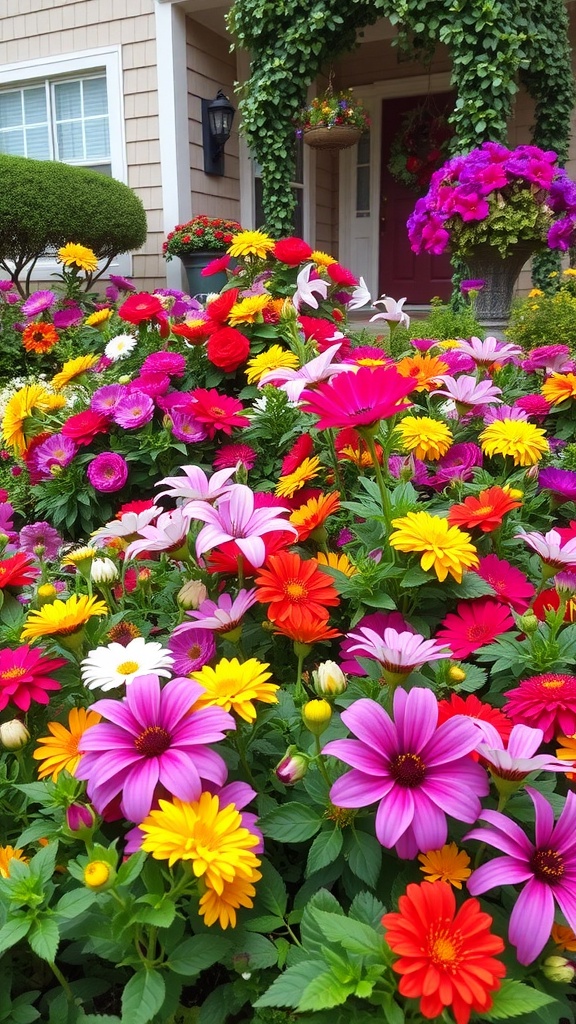 Colorful flower beds with pink, yellow, and red flowers near a house entrance