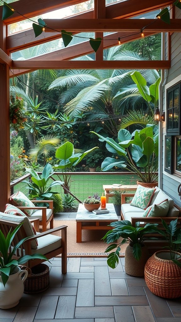 Cozy outdoor seating area surrounded by lush tropical plants