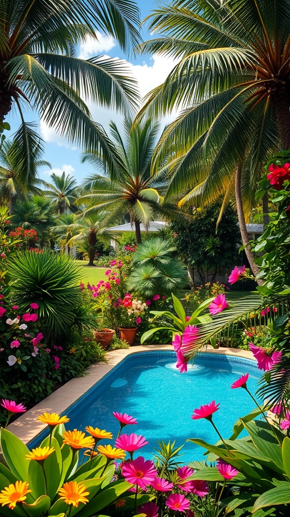 A colorful tropical garden with a pool surrounded by palm trees and vibrant flowers.