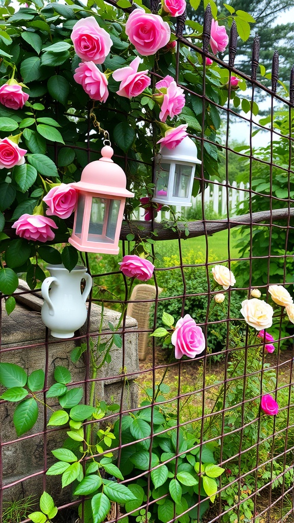 A vintage wire fence adorned with pink roses and decorative lanterns.