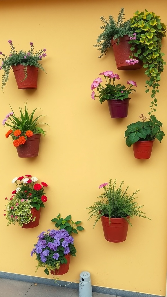 Colorful wall-mounted planter boxes with various flowers on a yellow wall.