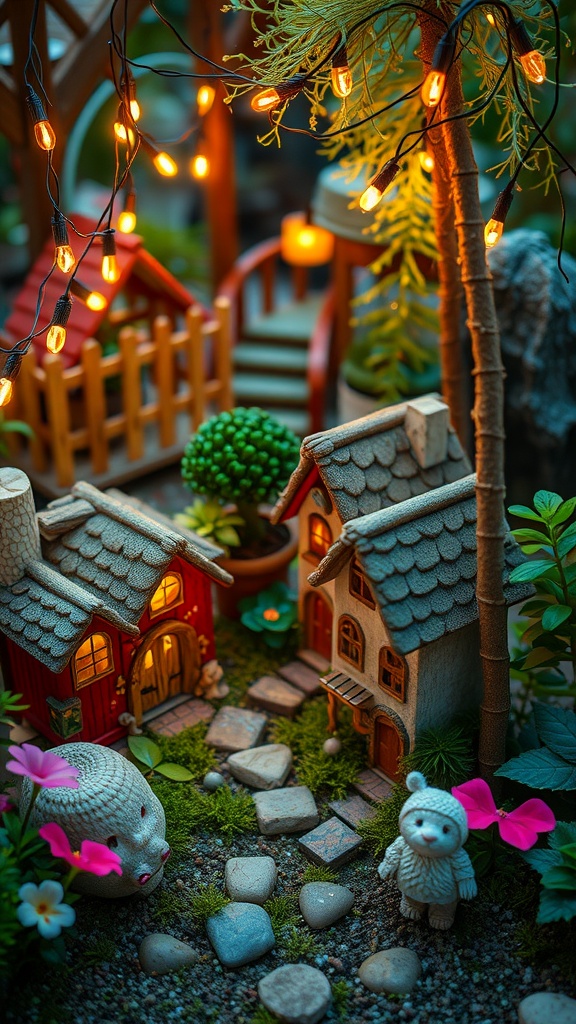 A whimsical fairy garden with miniature houses, vibrant flowers, and soft glowing lights.