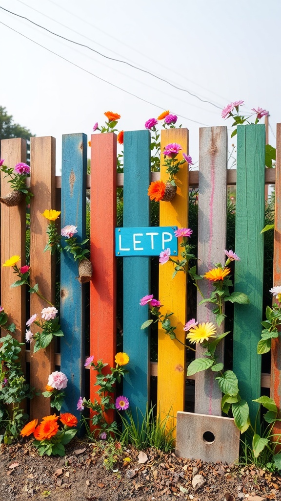 A colorful pallet fence adorned with flowers and a sign.