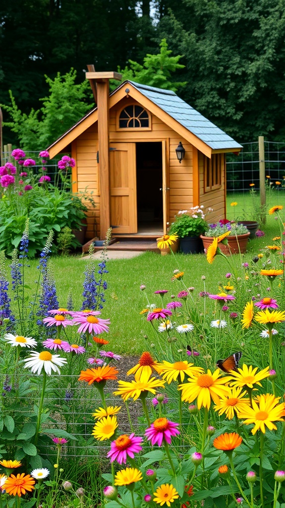 A charming chicken coop surrounded by colorful wildflowers in a lush backyard.