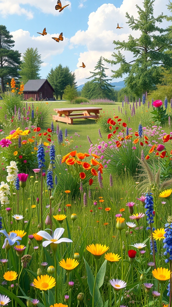 A beautiful wildflower meadow with colorful flowers and butterflies, featuring a picnic table and a cabin in the background.