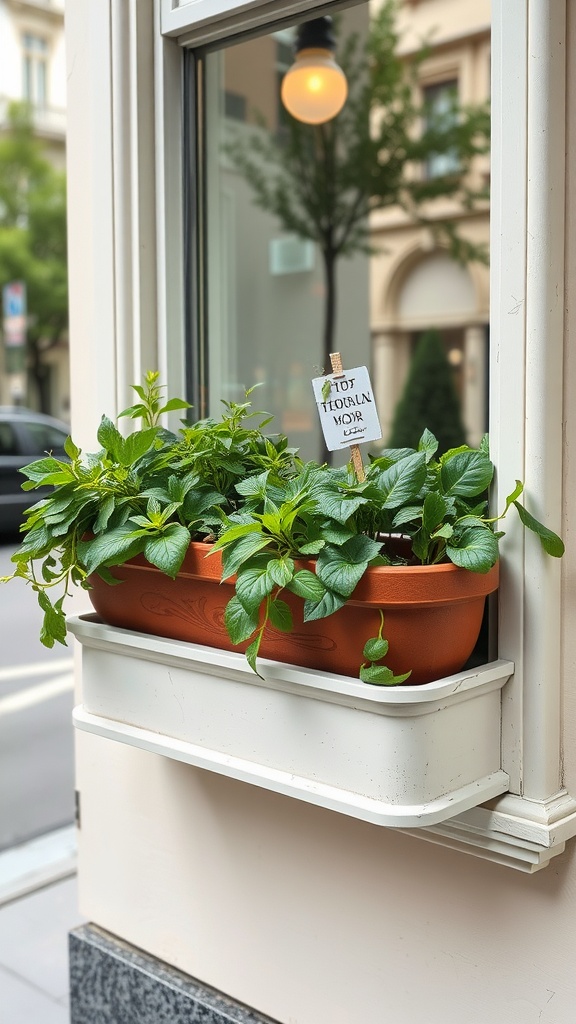 A window box filled with green plants outside a building.