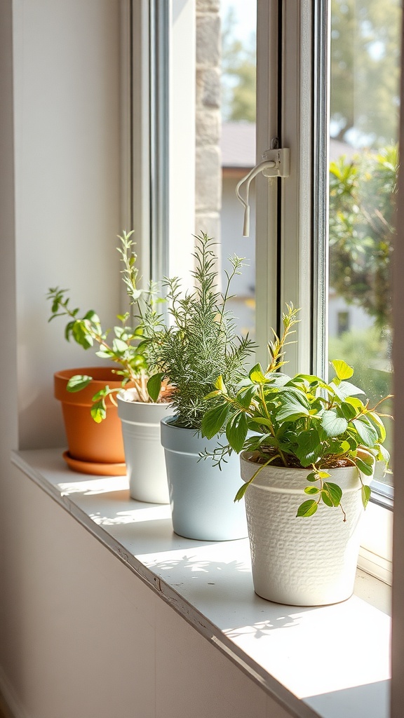 A sunny window sill with various potted herbs.