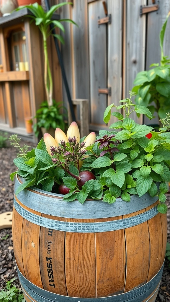 A wine barrel planter filled with various plants including herbs and vegetables.