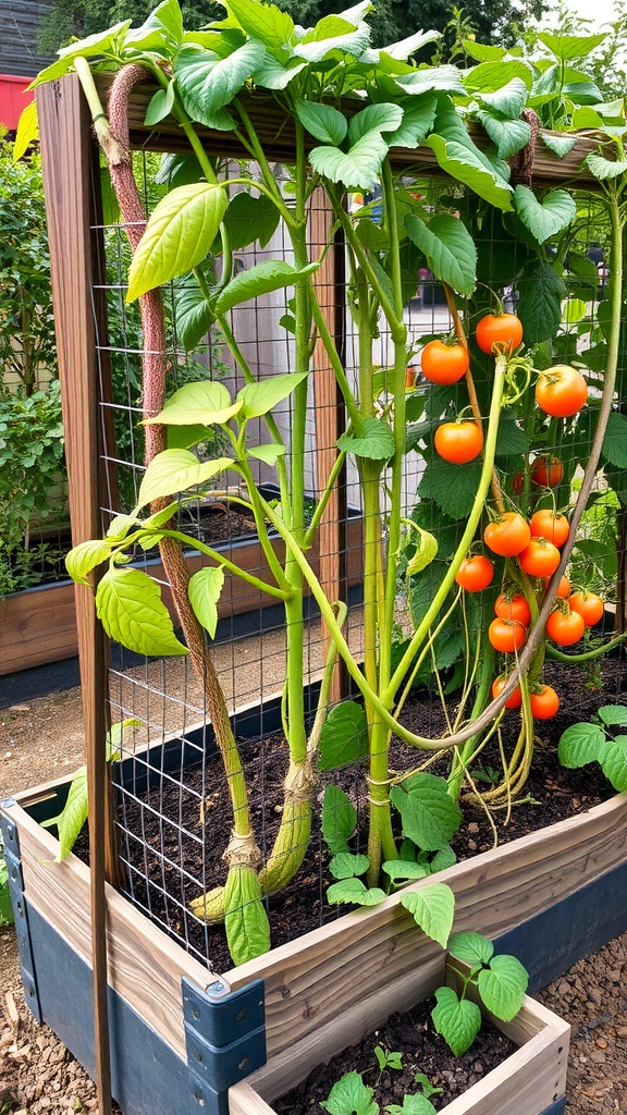 A raised garden bed with wire mesh supporting climbing tomato plants and green leaves.