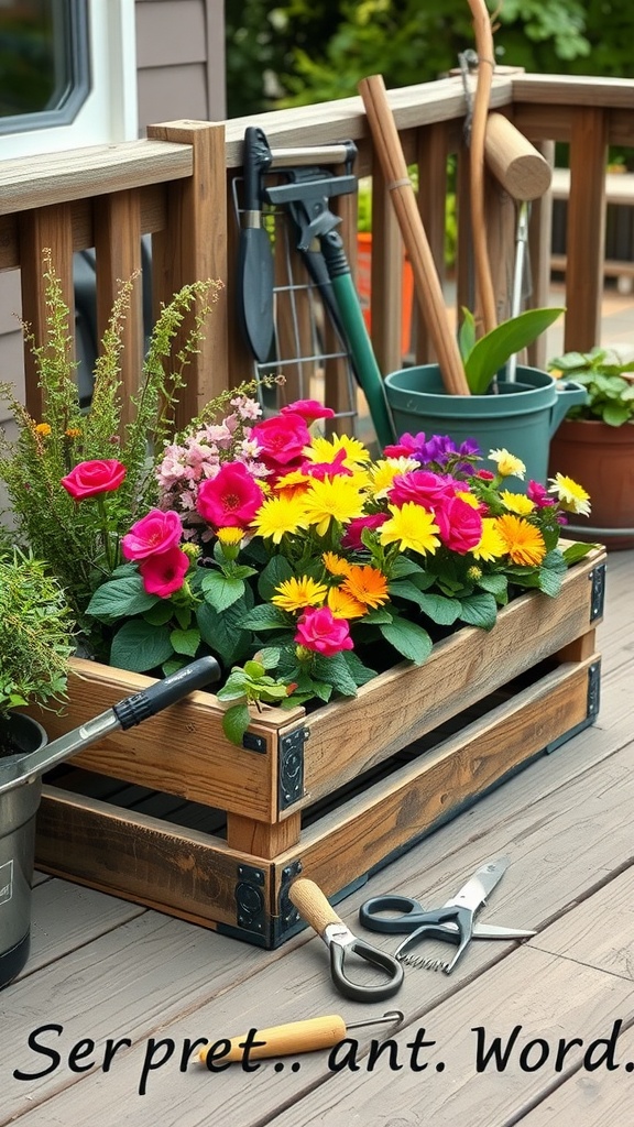 A wooden crate planter box filled with bright flowers, gardening tools nearby on a wooden deck.