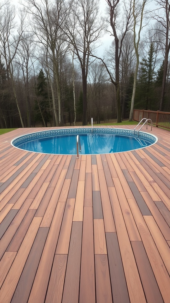 A circular above-ground pool surrounded by wooden decking, set in a wooded area.