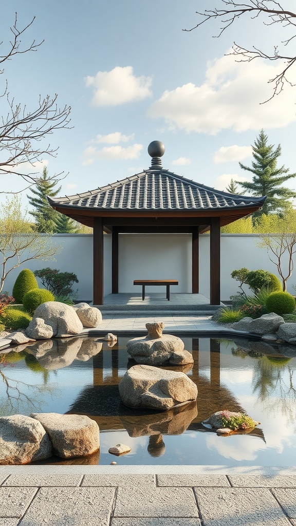 A serene Zen garden gazebo with water features, surrounded by rocks and greenery.