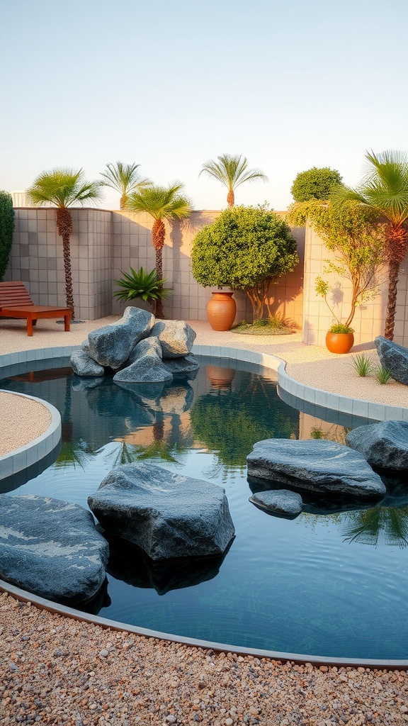 Zen garden pool featuring smooth rocks and lush greenery.