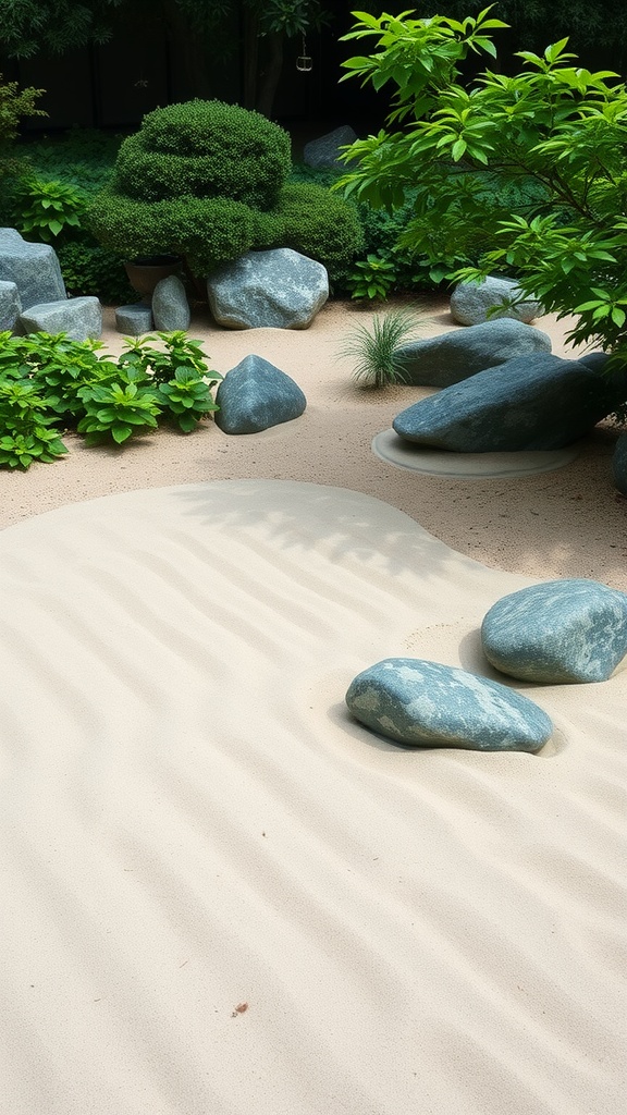 A serene Zen sand garden with smooth stones and gentle sand patterns.