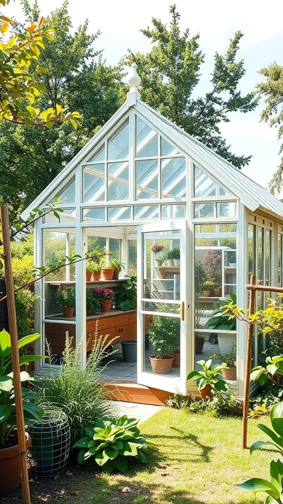 A beautiful A-frame greenhouse with glass panels and plants inside